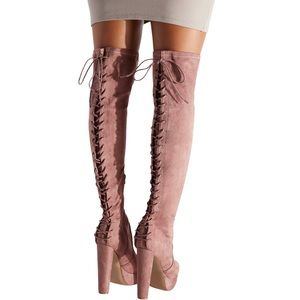 Rose Pink Faux Suede Over the knee Platform Boots